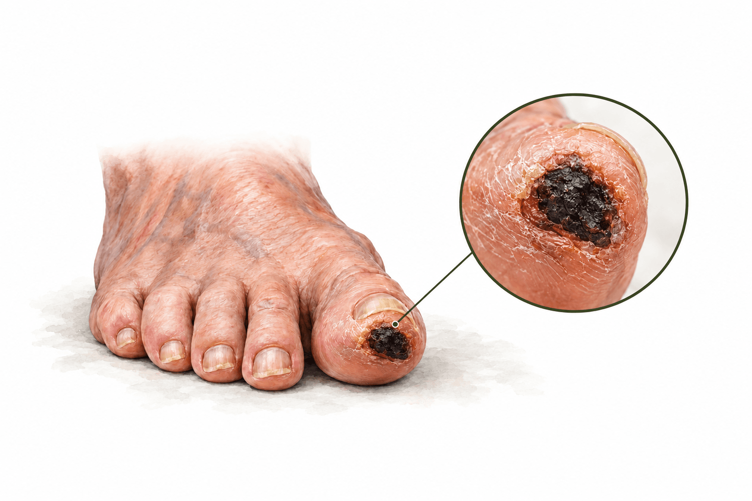 Illustration of an arterial ulcer on the tip of the big toe, with a close-up detail view showing the dry, dark wound bed