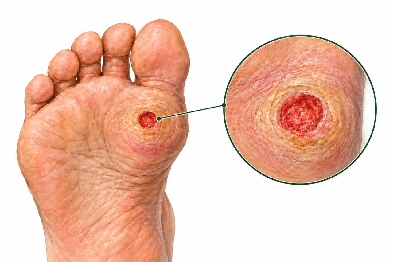 Illustration of a diabetic foot ulcer on the ball of the foot, with a close-up detail view showing the round, red wound bed