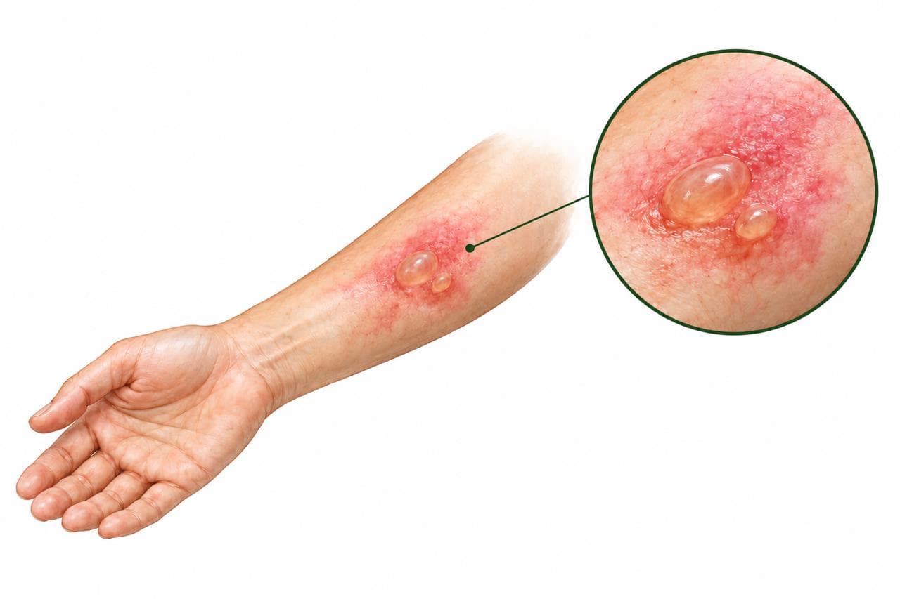 Illustration of a scald burn on a forearm with two fluid-filled blisters, with a close-up detail view showing the blistered skin