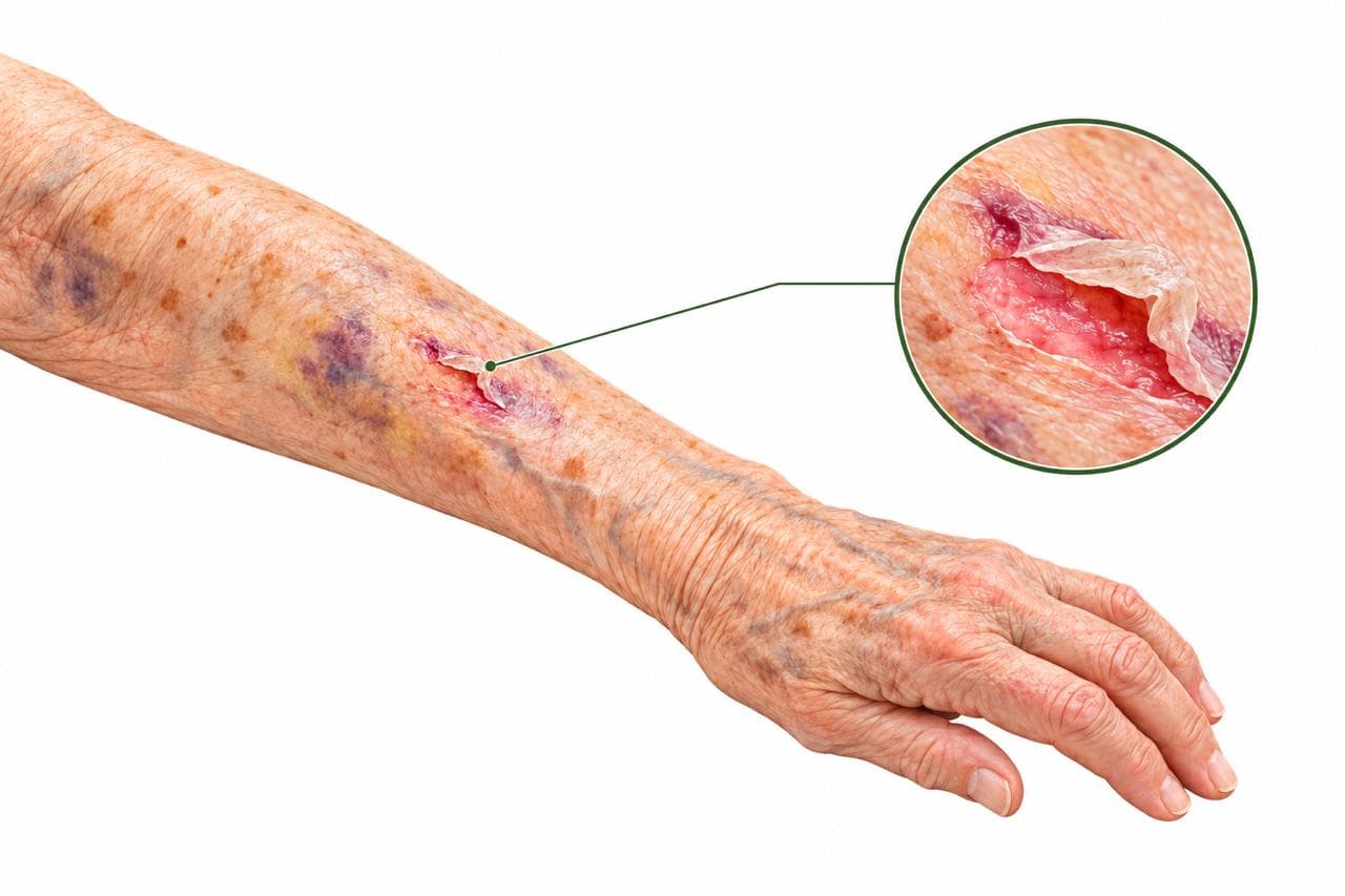 Illustration of a skin tear on a forearm with surrounding bruising, with a close-up detail view showing the delicate, partially detached skin flap
