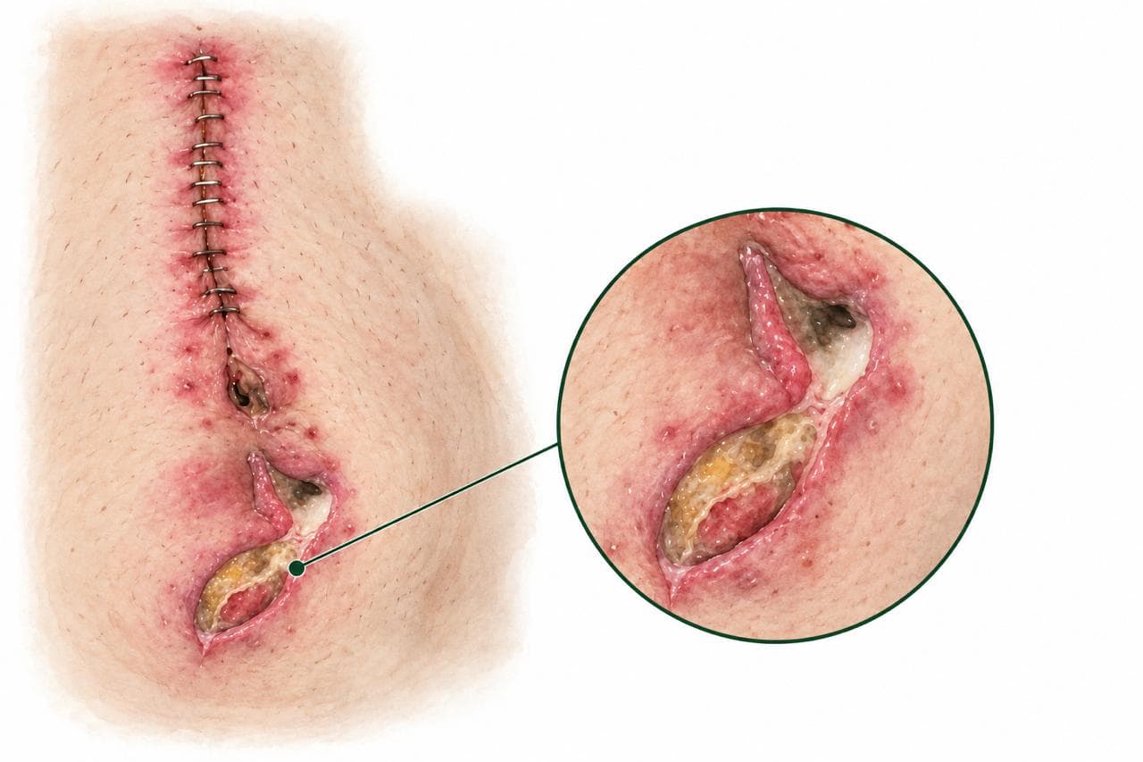 Illustration of a surgical wound with dehiscence along a stapled incision, with a close-up detail view showing the separated wound edges