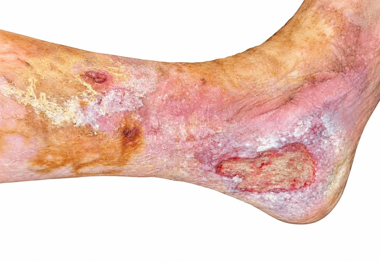 Illustration of a venous leg ulcer near the ankle, showing areas of crusted, scaly skin and a moist, red wound bed